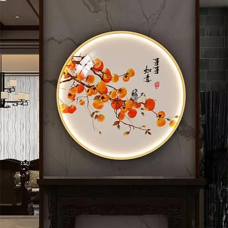 事事如意圆形钻石画新中式柿子玄关书房挂画餐厅