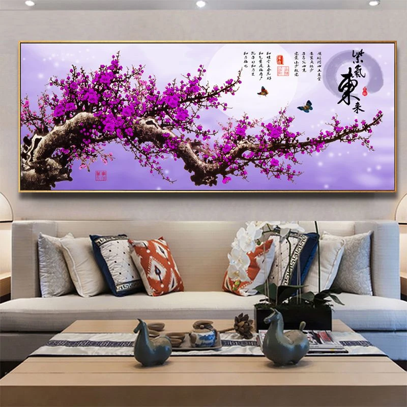 5D新款钻石画满钻石绣紫气东来梅花中式客厅横版大幅画贴钻十字绣