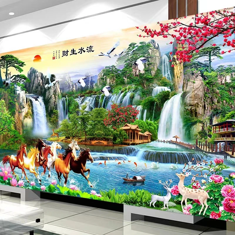 流水生财钻石画客厅2023新款线绣风景山水大画满绣马到成功八骏图