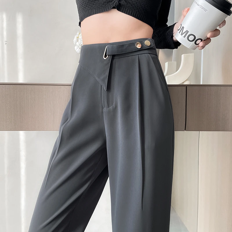 灰色阔腿裤女腰部设计感高腰垂感拖地裤小个子直筒西装裤子夏季薄