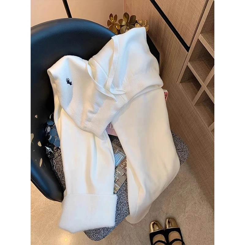 2025春秋冬季白色刺绣抽绳加绒针织阔腿裤女软糯垂感显瘦直筒裤子