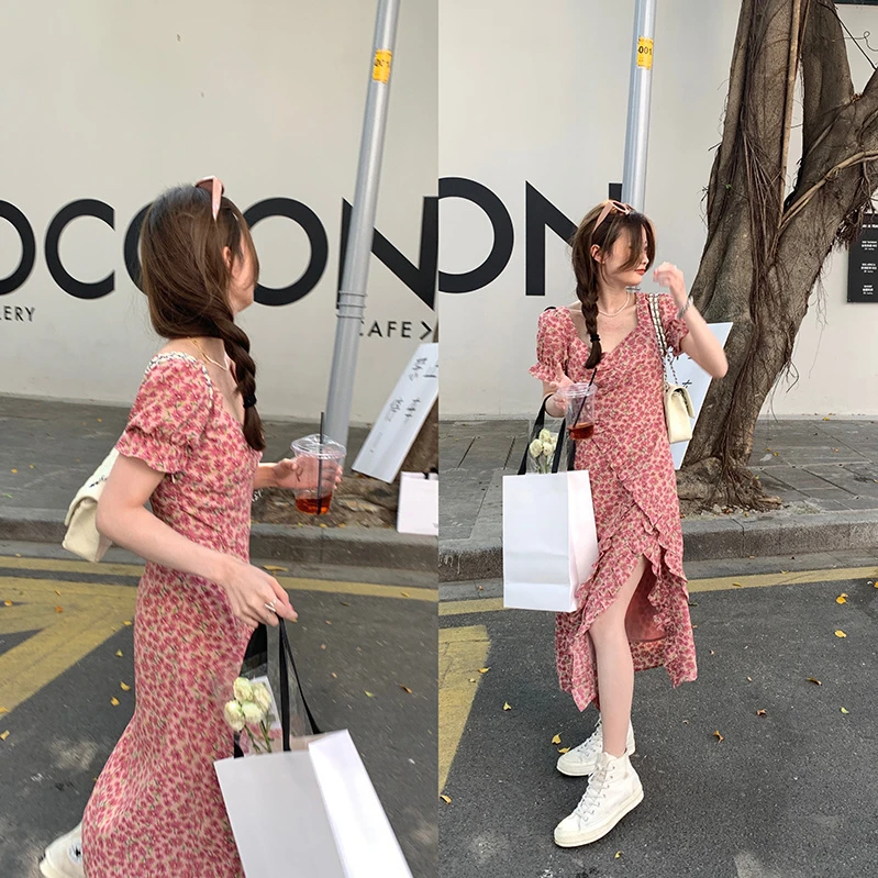 韩版时尚满屏浪man碎花裙韩系气质修身泡泡袖雪纺开叉连衣裙夏