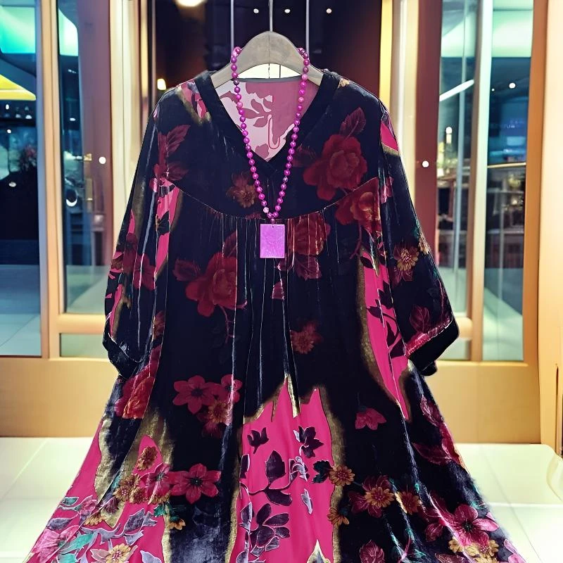 彩蝶1206女士时尚国风双领桑蚕丝植绒提花女士气质长裙