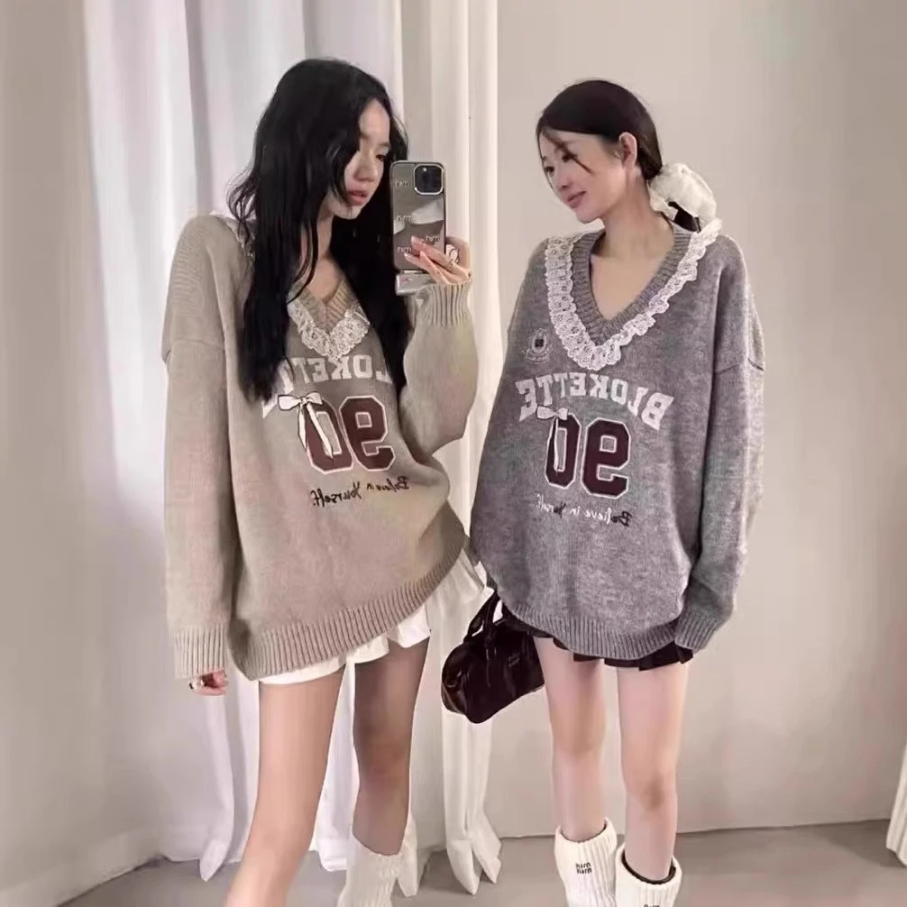 2024新款韩里韩气蕾丝v领保暖毛衣女宽松大版甜美针织衫秋冬上衣
