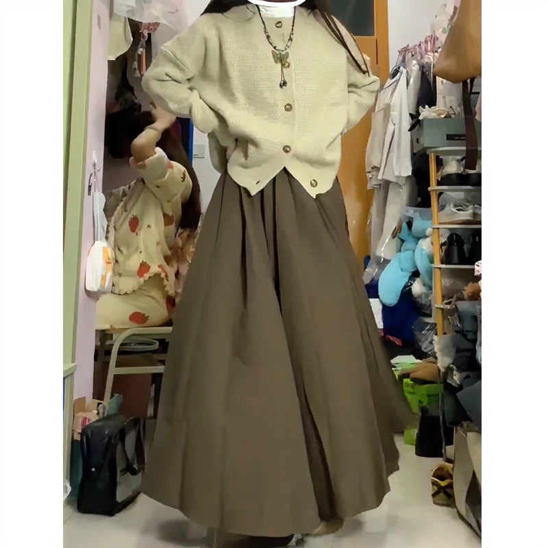法式棕咖色高腰A字梨形百褶裙女秋冬2024大裙摆垂感百搭半身裙潮