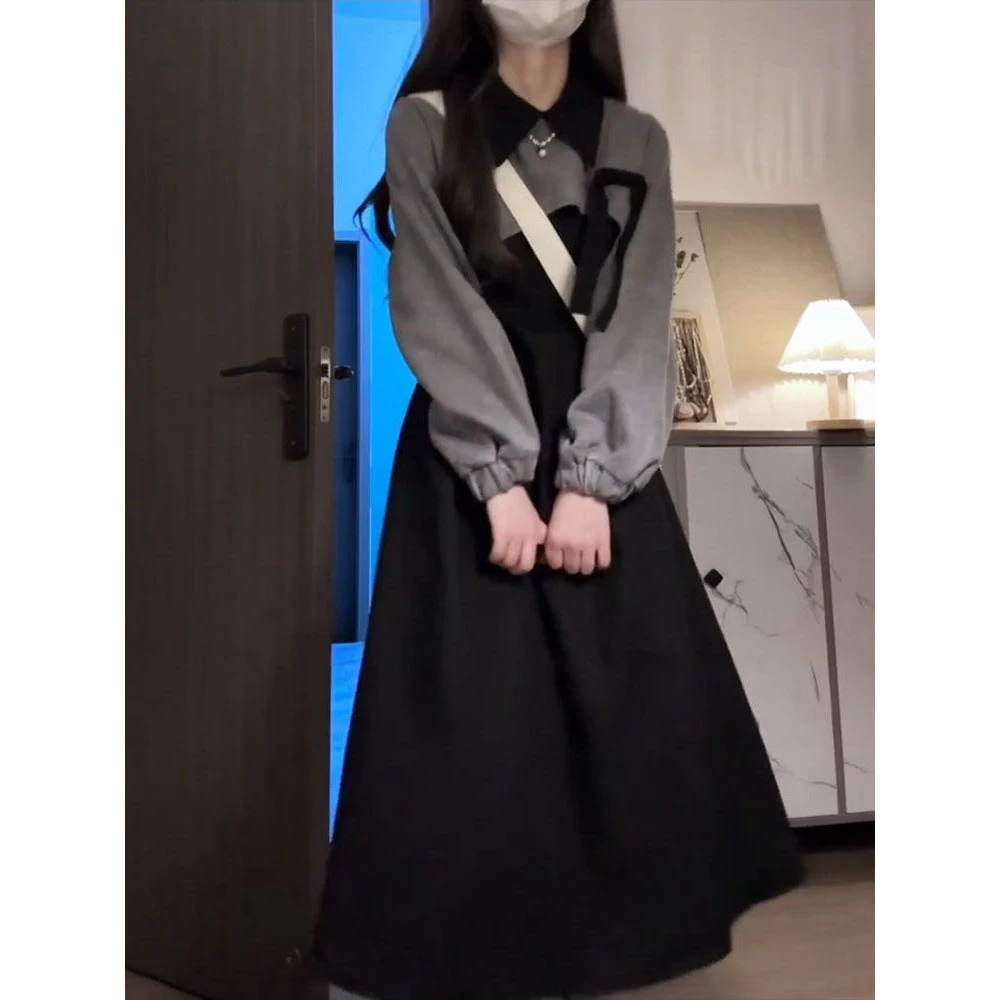 法式甜美风撞色翻领长袖连衣裙女学生春秋冬季新款上衣长裙两件套