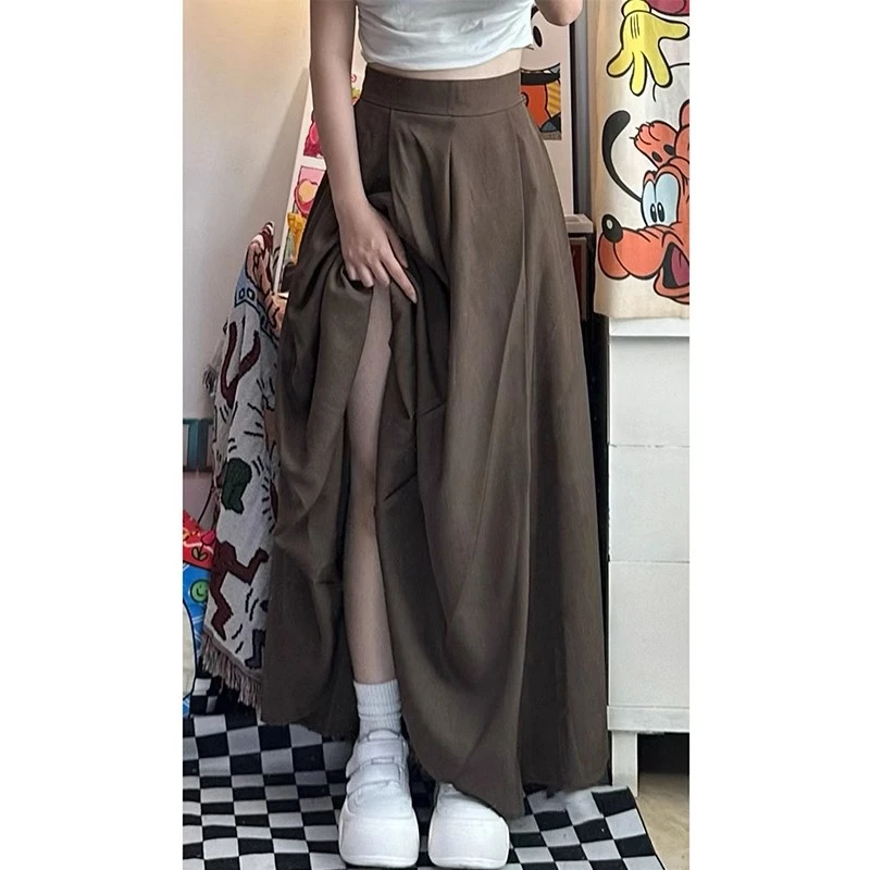 棕色半身裙新款梨形身材大码胖妹妹mm长裙到脚踝中长款a字百褶裙