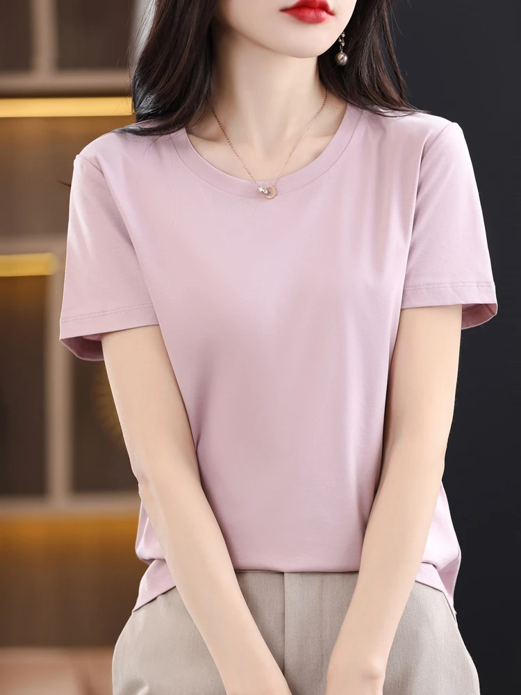 丝光棉女圆领T恤80支丝光棉百搭纯色纯棉短袖8901