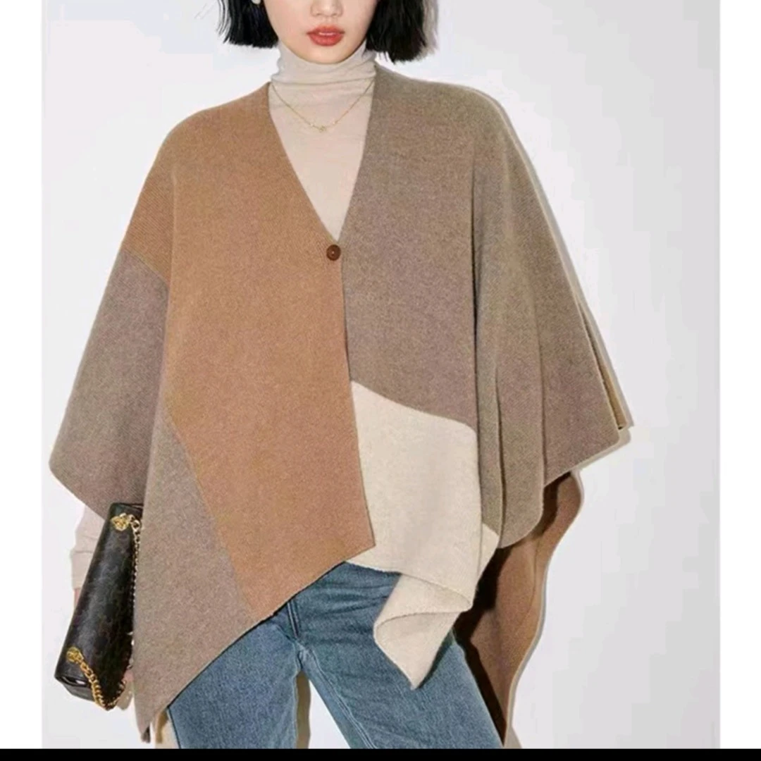 新款拼色披肩斗篷宽松外套开衫多功能围巾