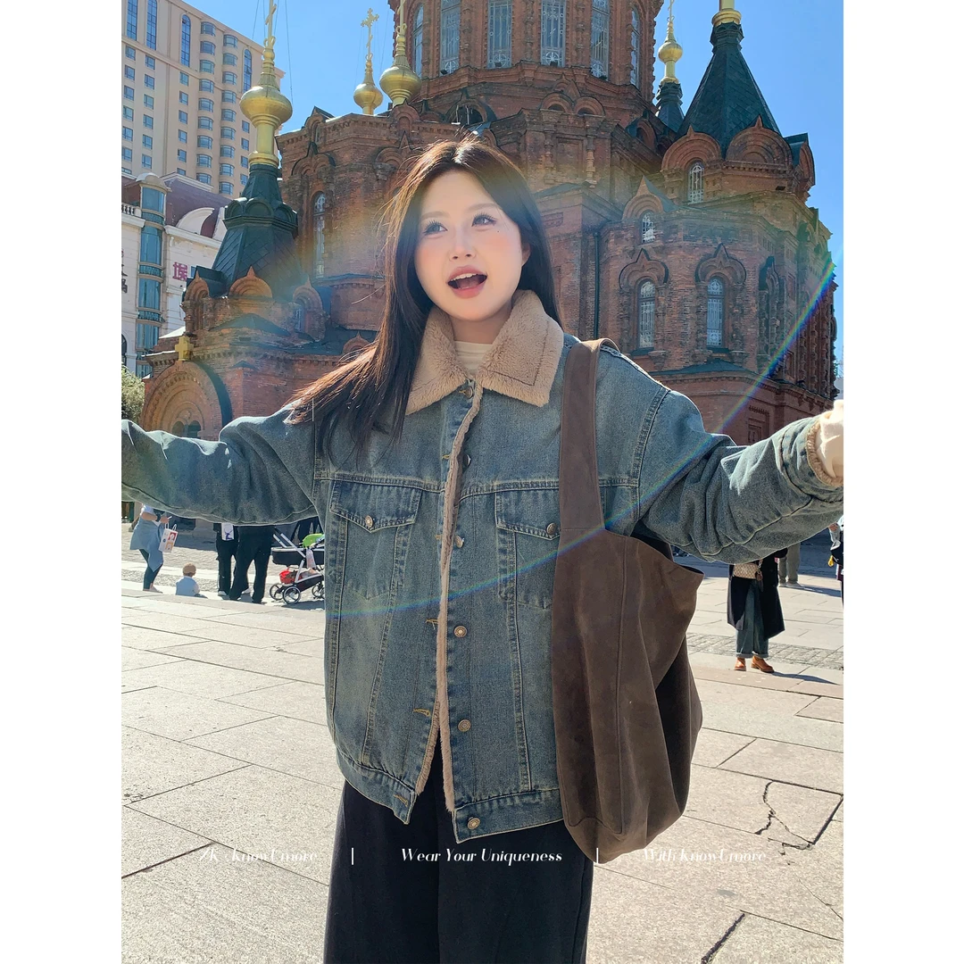知葵微胖定制【初冬牛仔】复古休闲牛仔外套女加绒夹克12243D2072