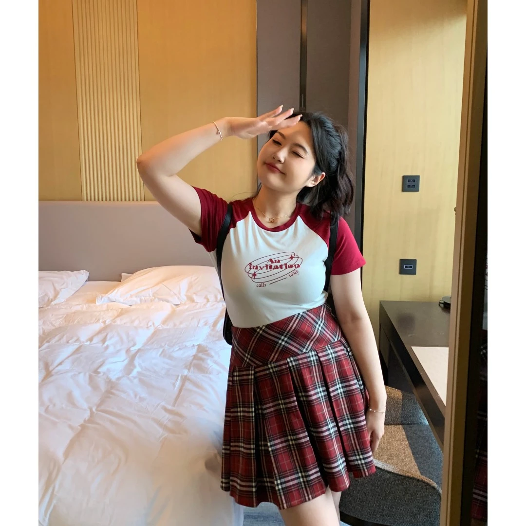小葵微胖定制【美高日记】格子套装休闲学院红格百褶裙12231T7926