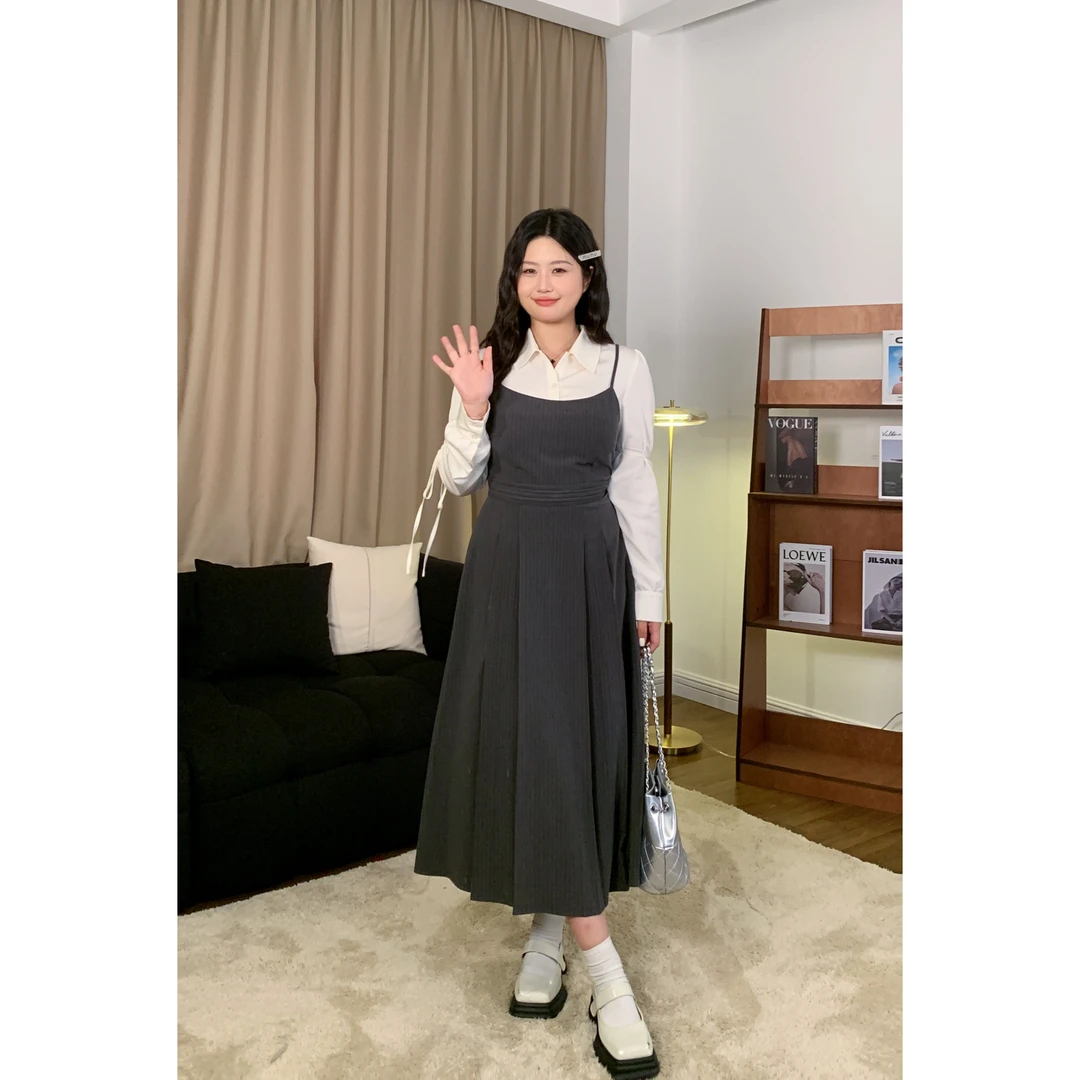 小葵微胖定制【德鲁娜千金】早秋千金公主风法式条纹显瘦连衣裙套装
