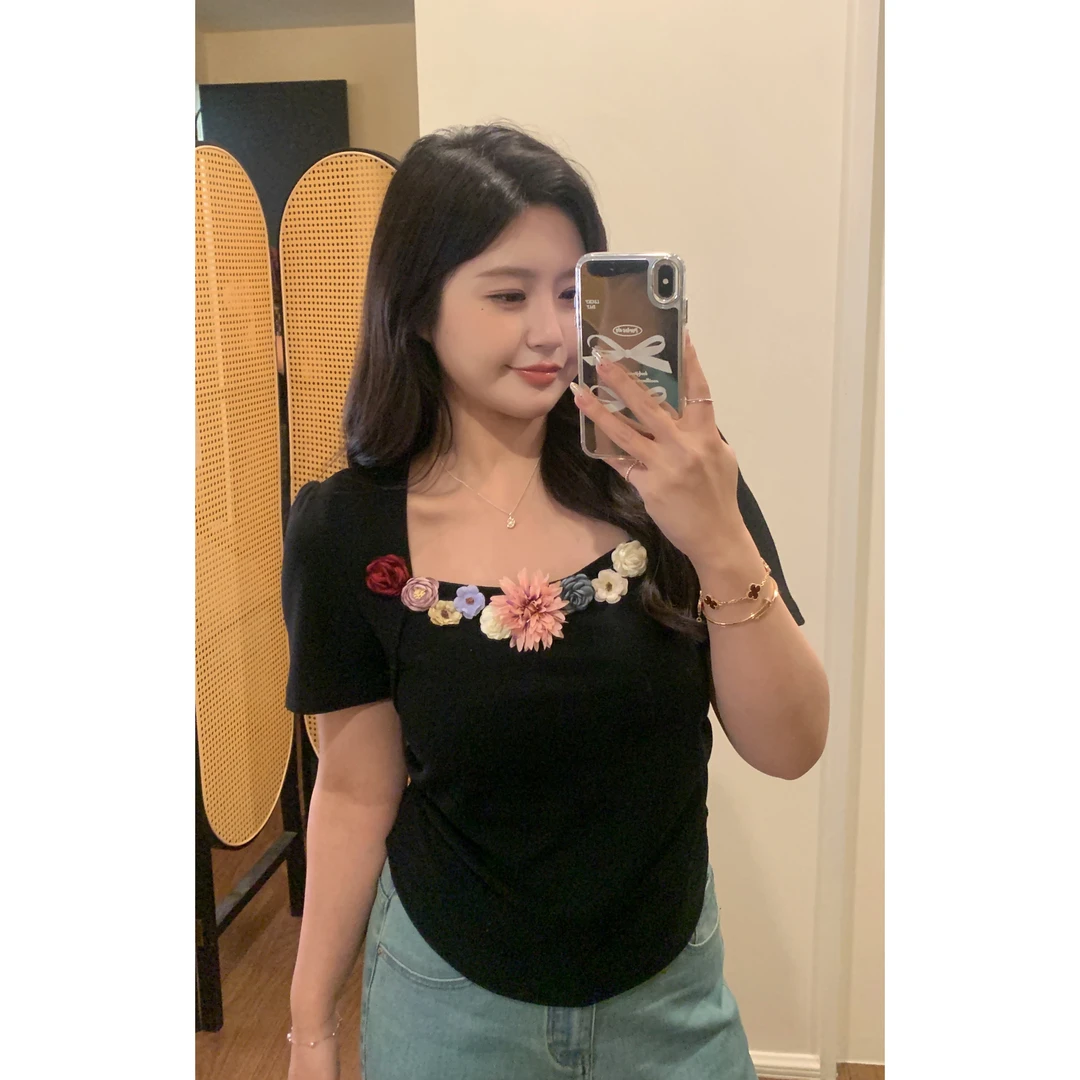 小葵微胖定制【漫野蔷薇】夏季小众设计出片手工缝花T恤12242T9830