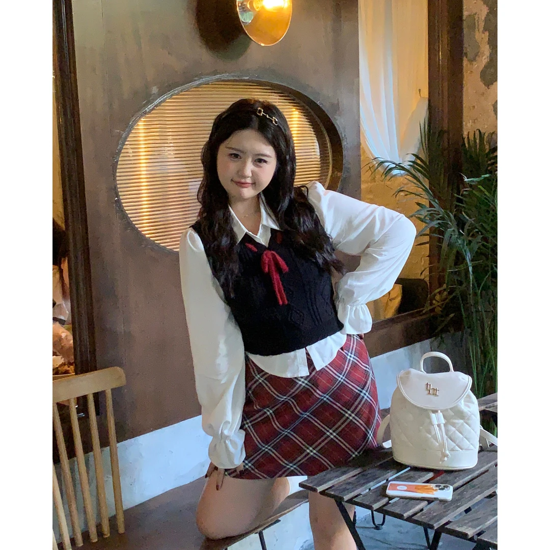 小葵微胖定制【莉顿学姐】早秋美式复古撞色学院风套装12223CS6932