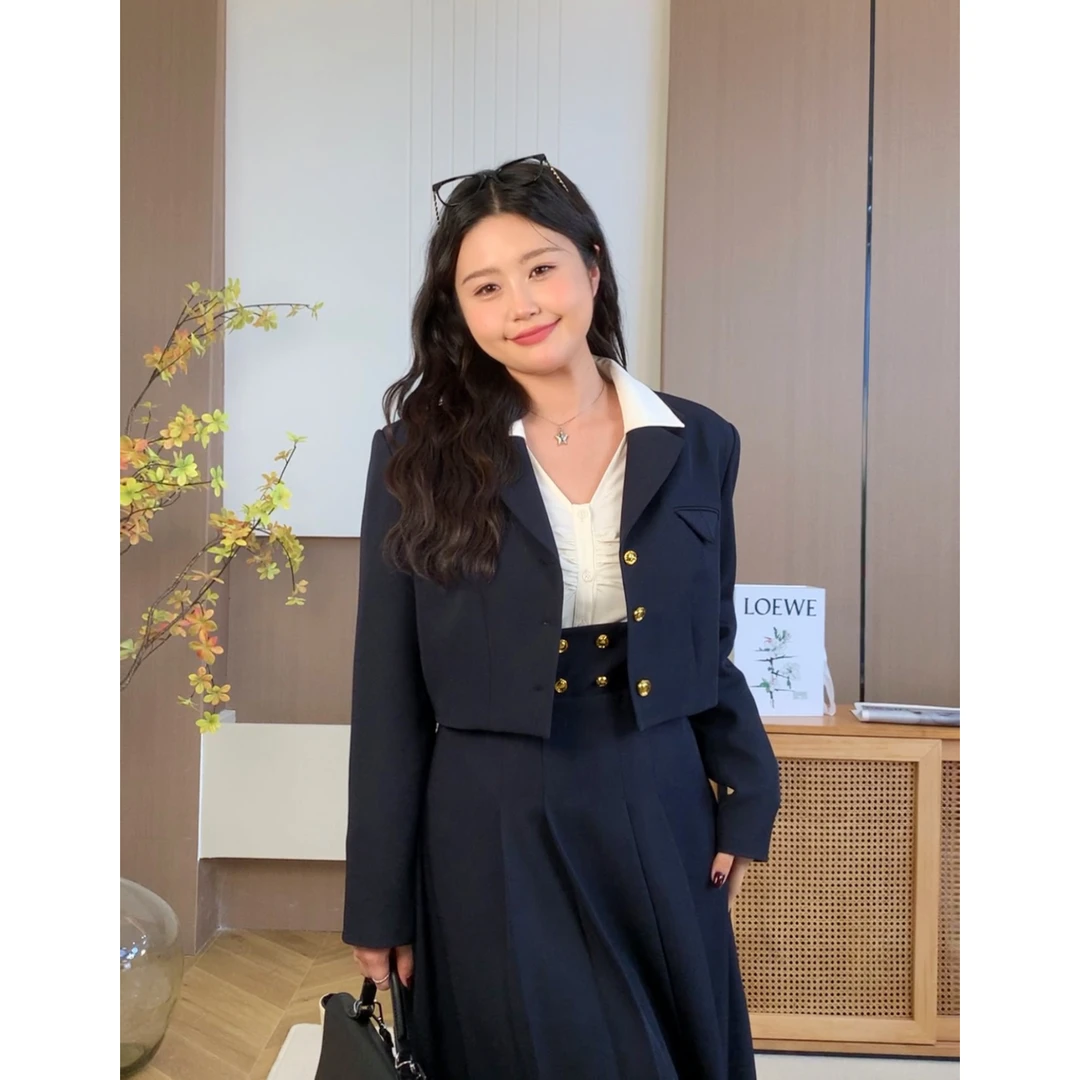 小葵微胖定制【柏林小姐】秋季胖MM显瘦时尚大码衬衫吊带裙外套套装
