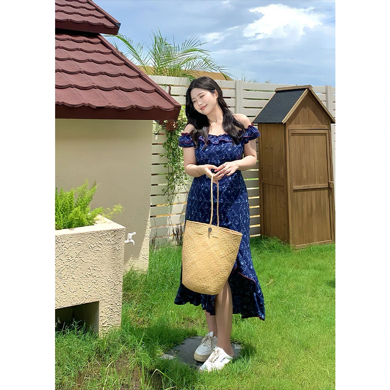 知葵微胖定制【蔚蓝假日】夏日收腰一字肩碎花连衣裙12242L8794