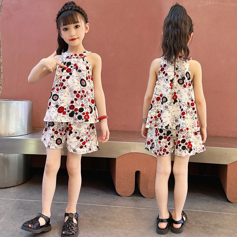 女童夏装套装2023新款洋气女孩夏季薄款雪纺波点挂脖无袖两件套潮