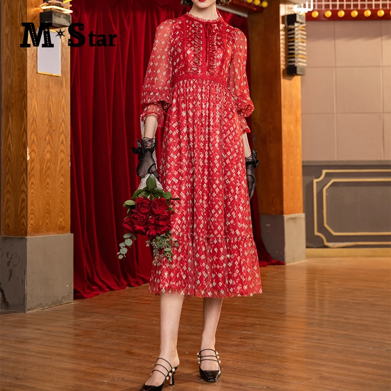 M-Star红色法式复古七分袖连衣裙女宴会优雅显瘦裙子 SCEL131361