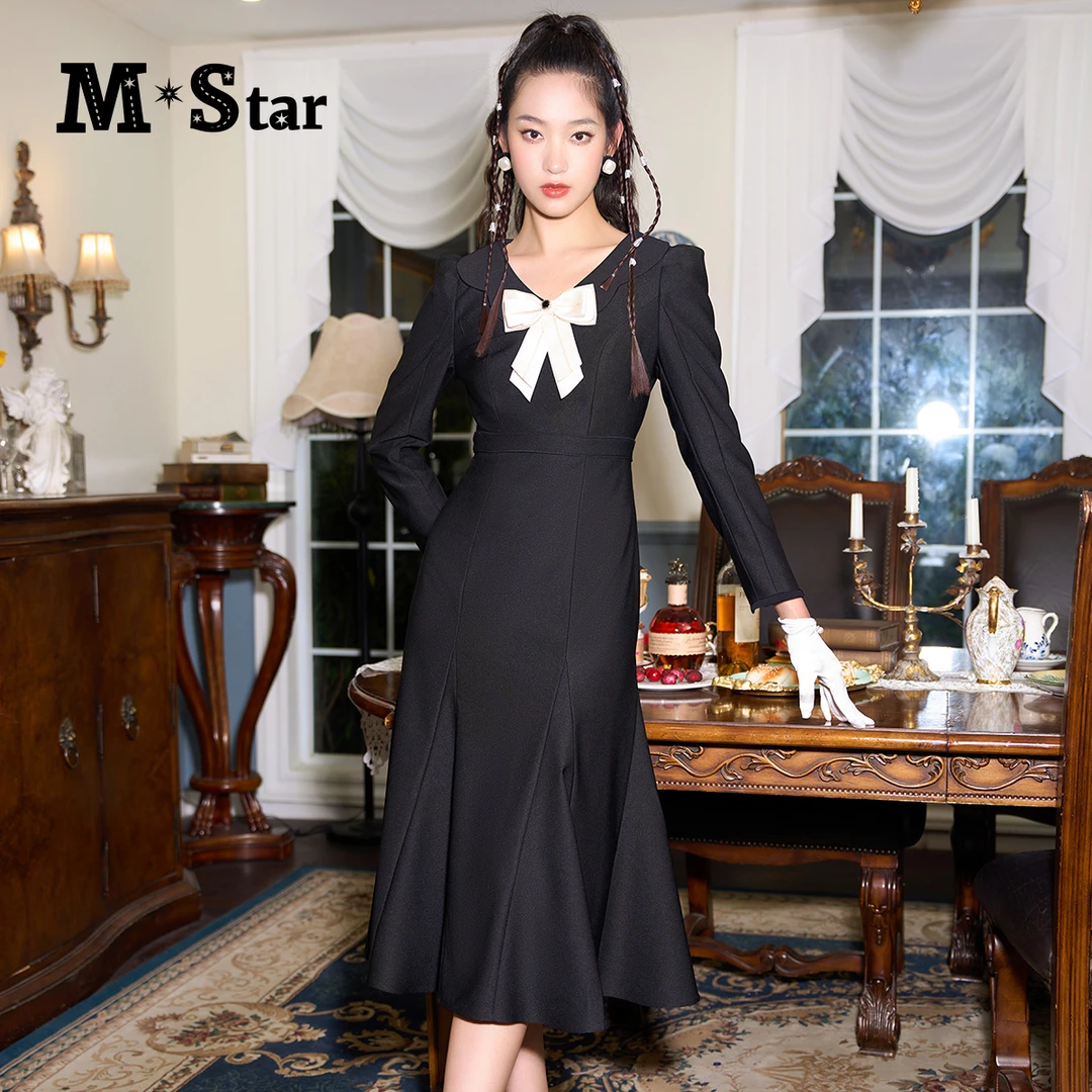 M-Star新款法式复古v领蝴蝶结长袖鱼尾连衣裙显瘦裙子SEEL111508