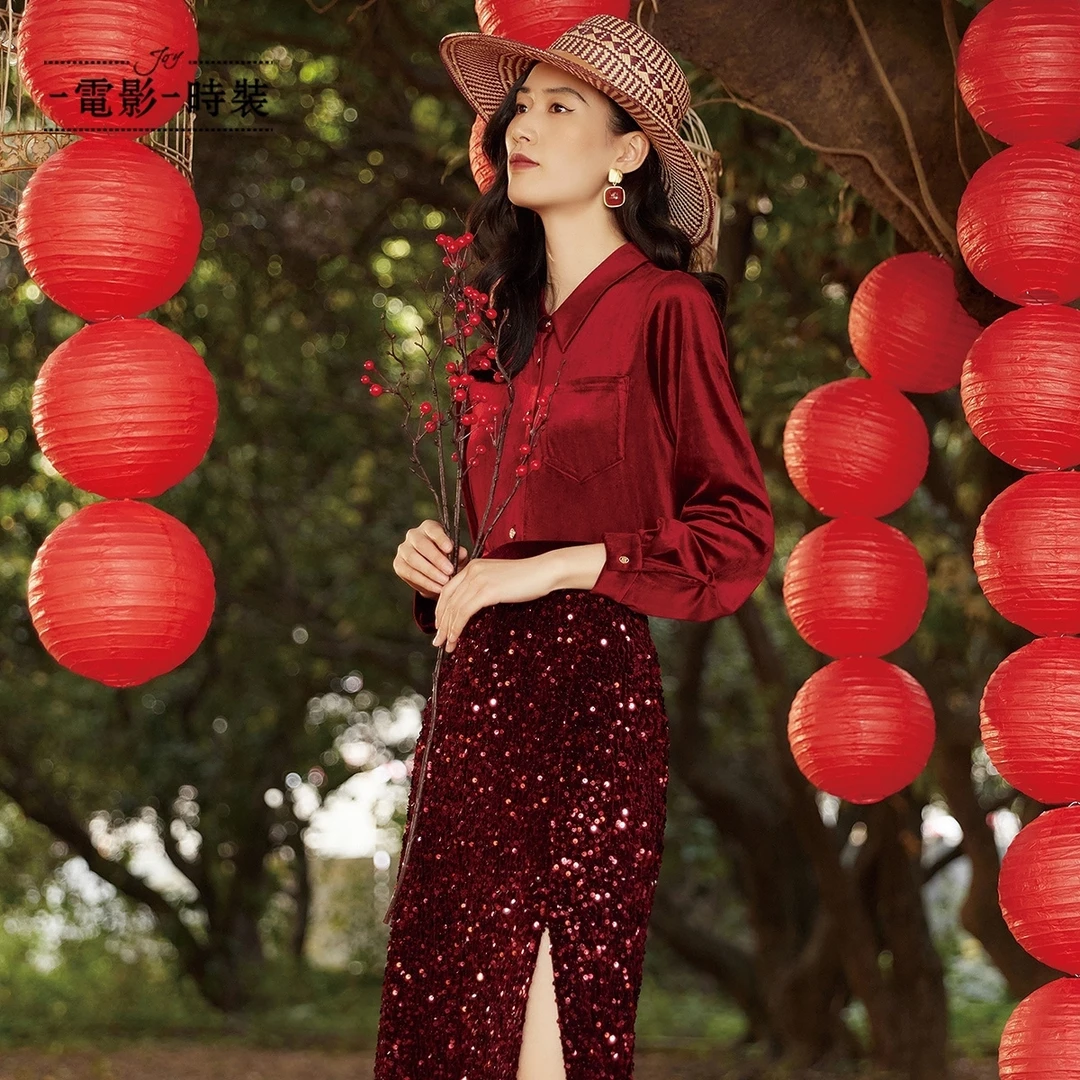 一电影一时装复古酒红色醋酸丝绒独特漂亮衬衫女士气质FEIT134555
