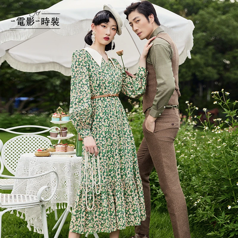 一电影一时装春季新款轻薄V领碎花女连衣裙-不含腰带 FENL114516
