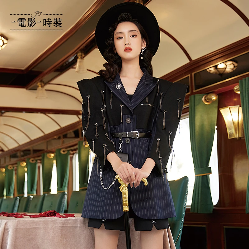 电影时装复古帅气条纹长袖西装外套女款高级（不含腰带）FCBG135570