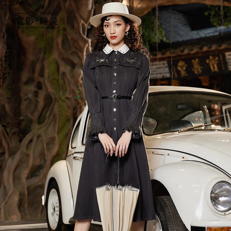 电影时装春季新款法式复古牛仔连衣裙女中长款优雅收腰FCFL134541
