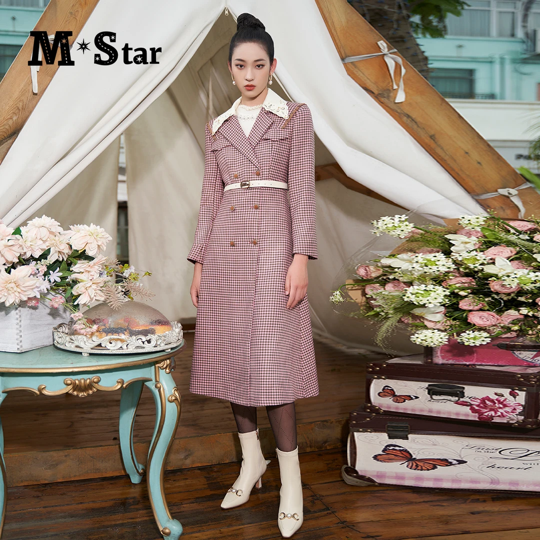 M-Star春季新款粉色千鸟格收腰格纹风衣外套气质休闲 SCNG141559