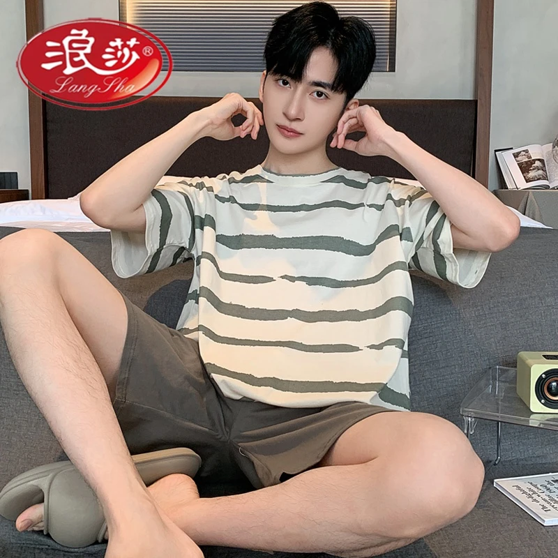 浪莎男士睡衣夏季纯棉短袖短裤学生男款夏天条纹家居服套装可外穿