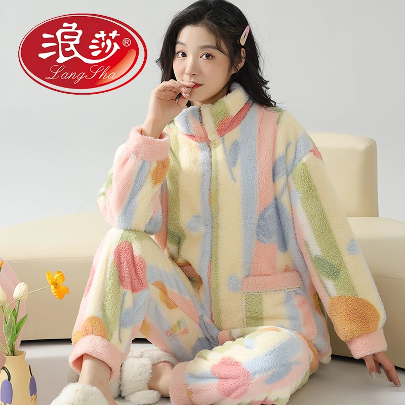 浪莎网红睡衣女秋冬珊瑚绒2025新款加绒加厚法兰绒高档可爱家居服