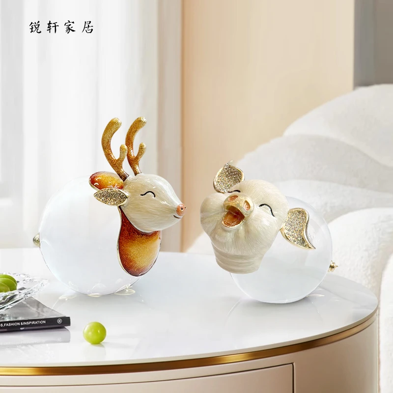轻奢珐琅彩鹿头装饰球摆件高档客厅茶几桌面电视柜装饰品乔迁送礼