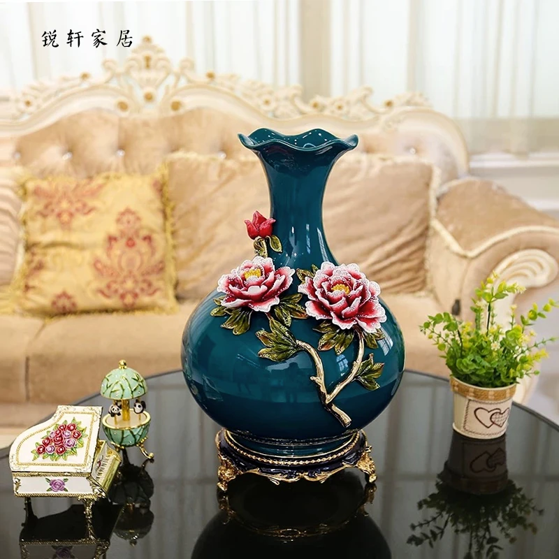 锐轩家居欧式珐琅彩牡丹花陶瓷花瓶台面摆件复古插花欧式玄关家居
