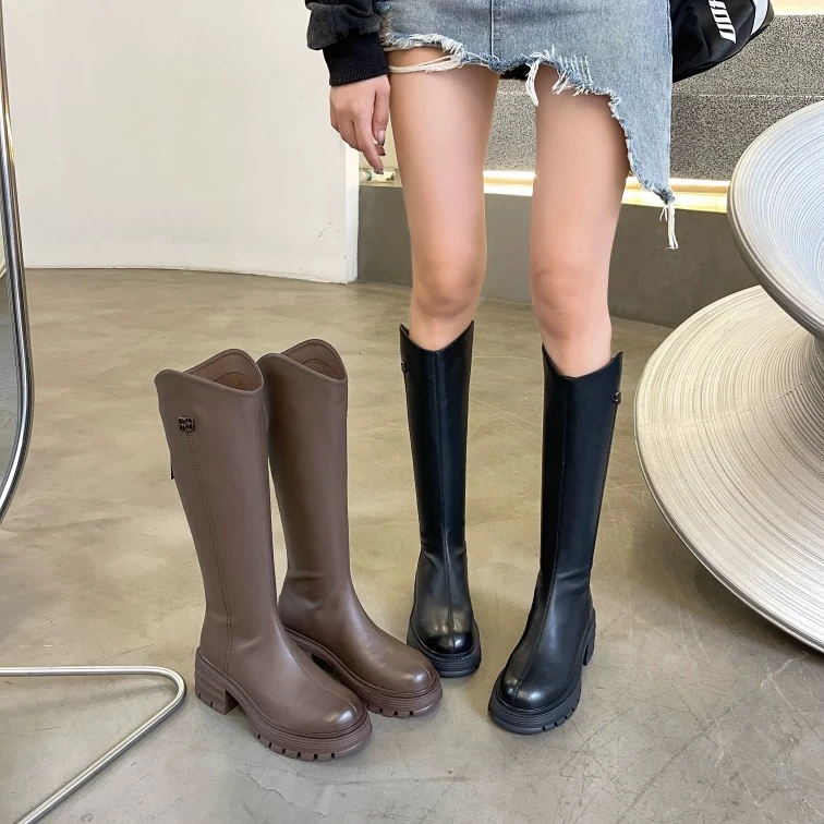 长筒靴女秋冬新款加绒厚底高筒骑士靴小个子瘦瘦靴子5203。A10