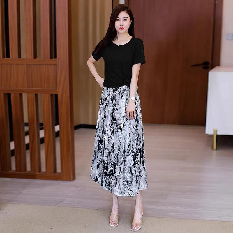 【YS1197】夏装新款时尚小衫上衣水墨印花半身裙两件套套裙