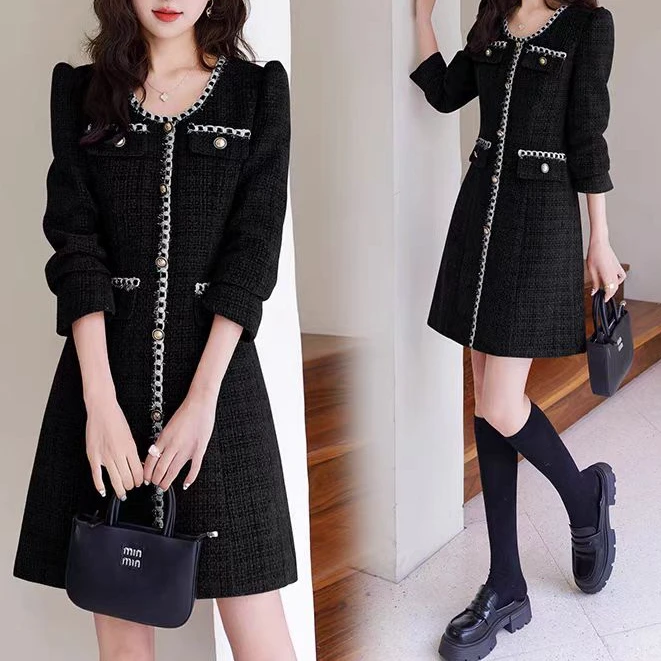 【YS1127】2025春装新款时尚收腰显瘦小香风打底连衣裙