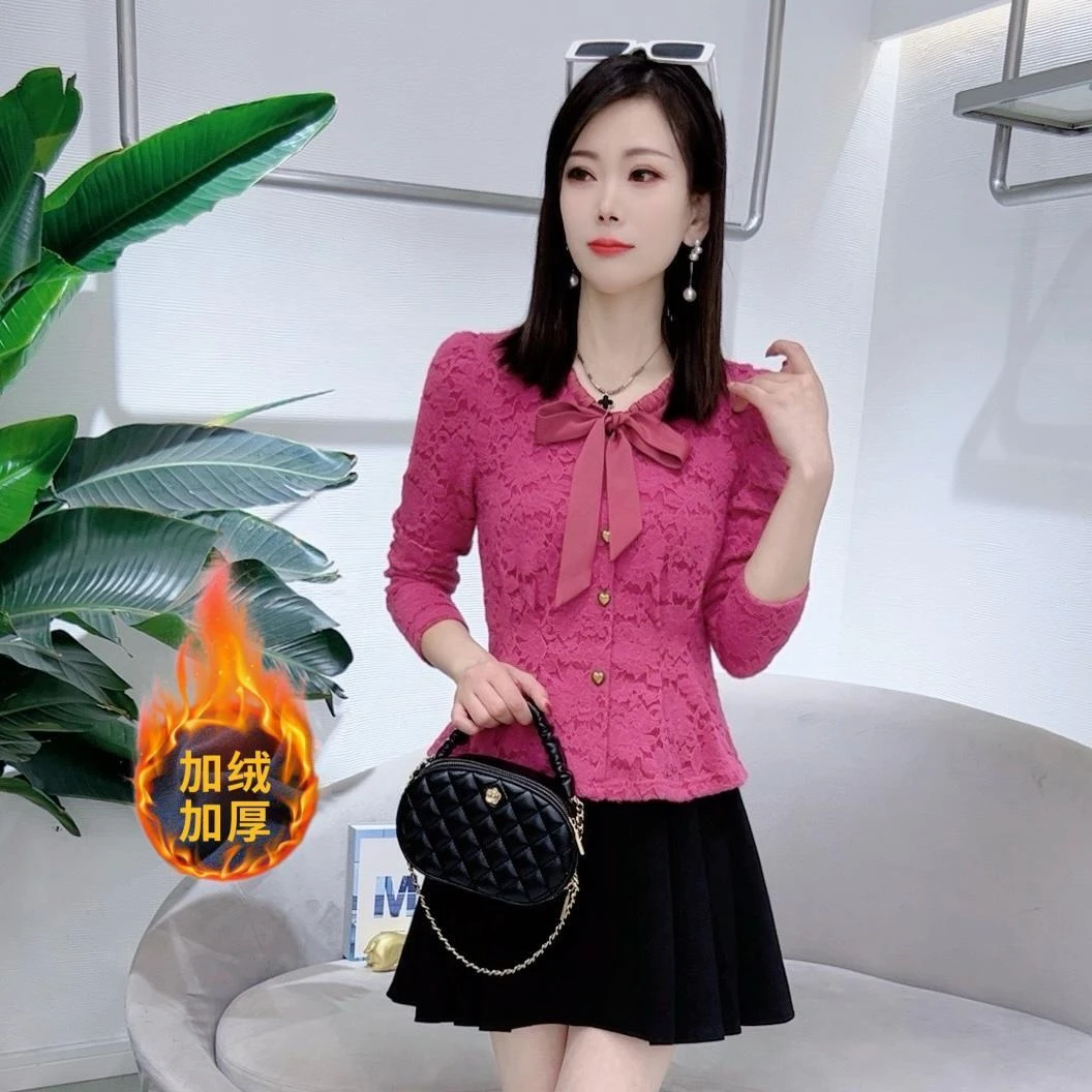 A7570秋冬新款长袖蝴蝶结蕾丝拼接打底衫洋气百搭减龄打底上衣