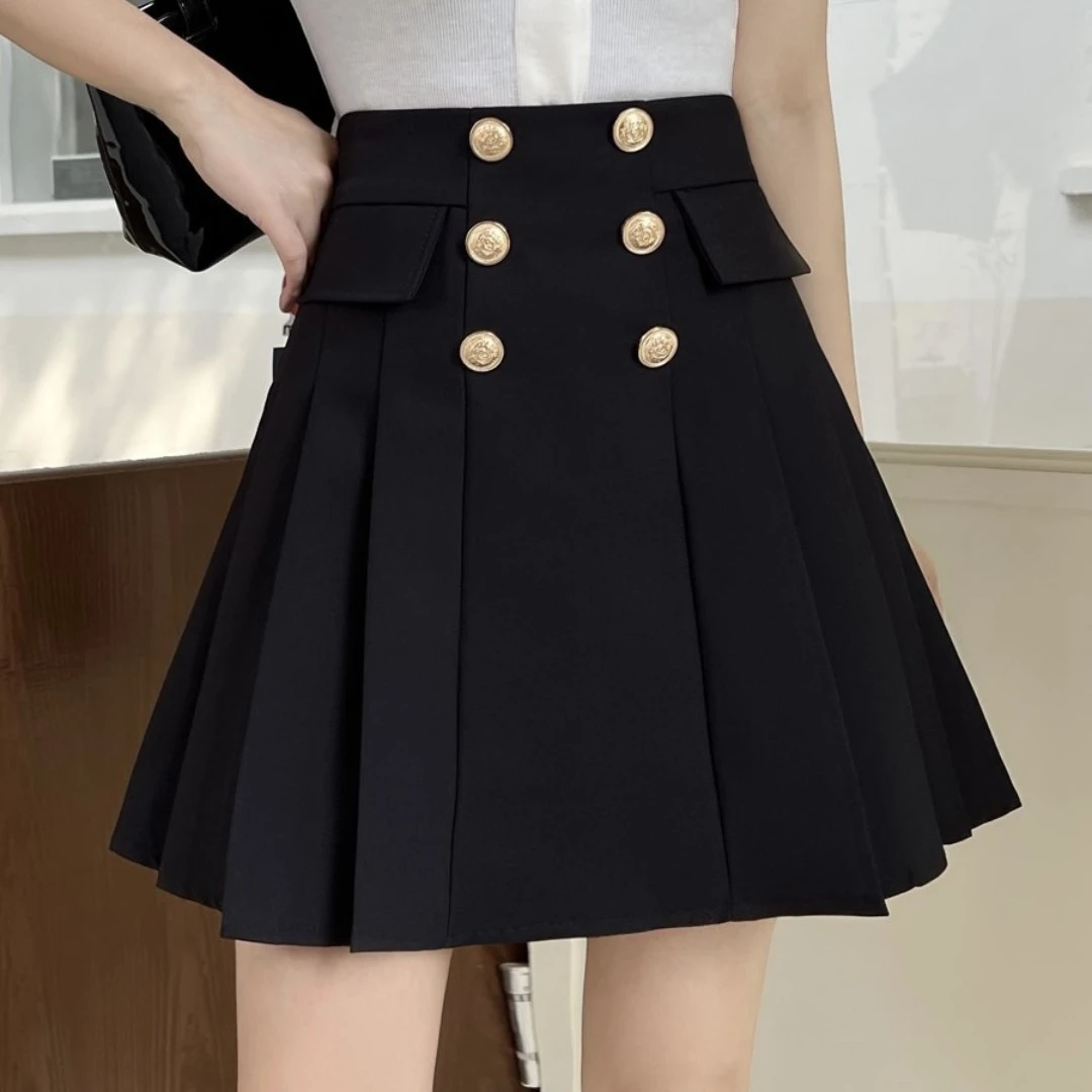 A5899新款纯色百褶短裙时尚洋气双排扣气质高腰显瘦半身裙（S-2XL）