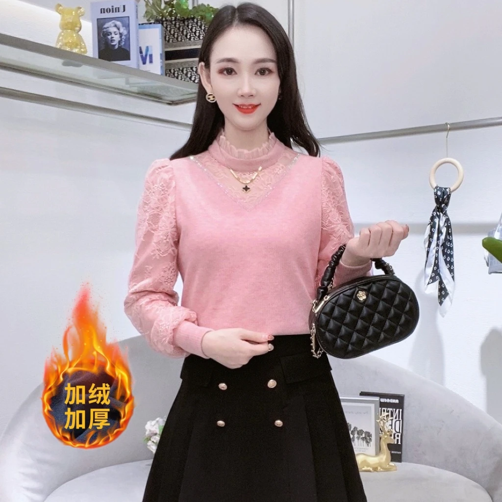 A5951冬季新款长袖蕾丝打底衫加绒加厚气质显瘦洋气上衣