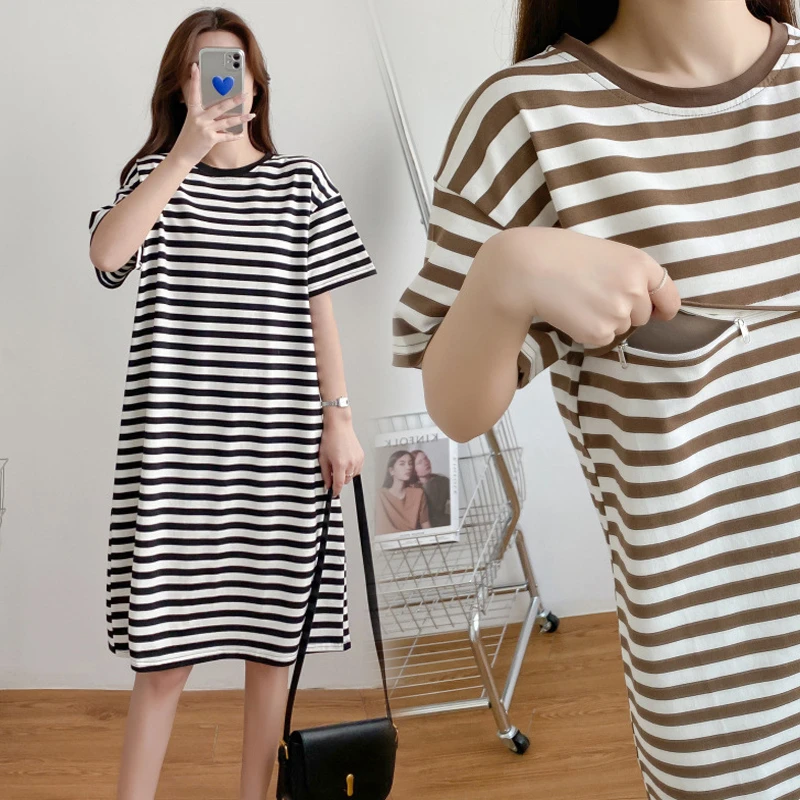 横拉链夏季短袖哺乳裙夏天连衣裙浦乳期喂奶裙子辣妈外穿夏装睡裙