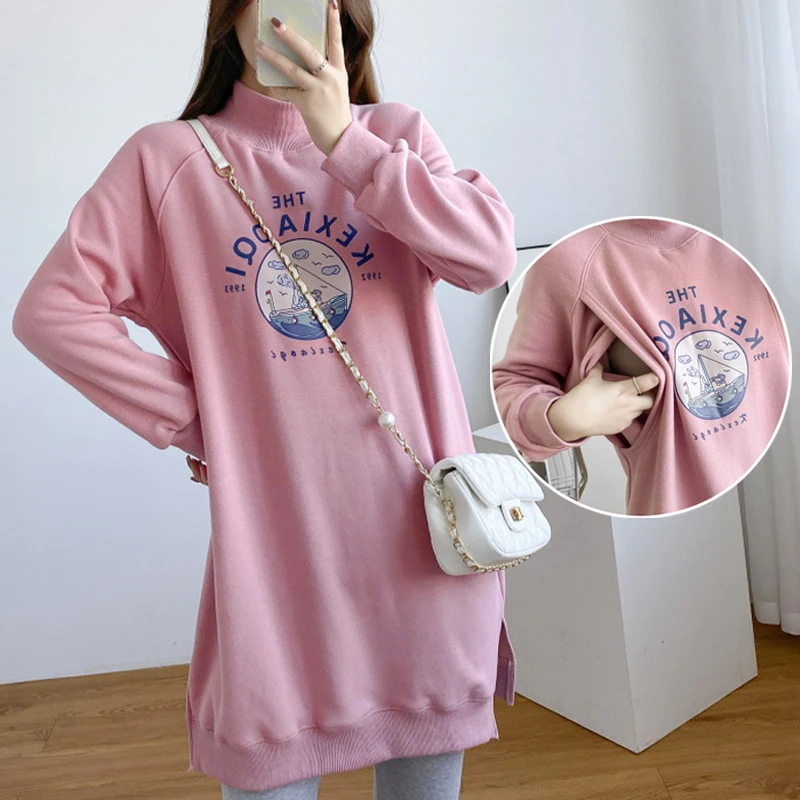 哺乳上衣服装春秋款外出辣妈中长款加绒产后期内搭可外穿喂奶潮装