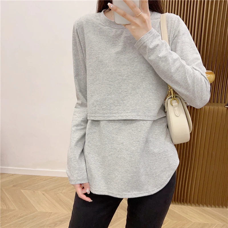 哺乳上衣服春秋款外出辣妈正肩修身服装产后期内搭可外穿喂奶潮装