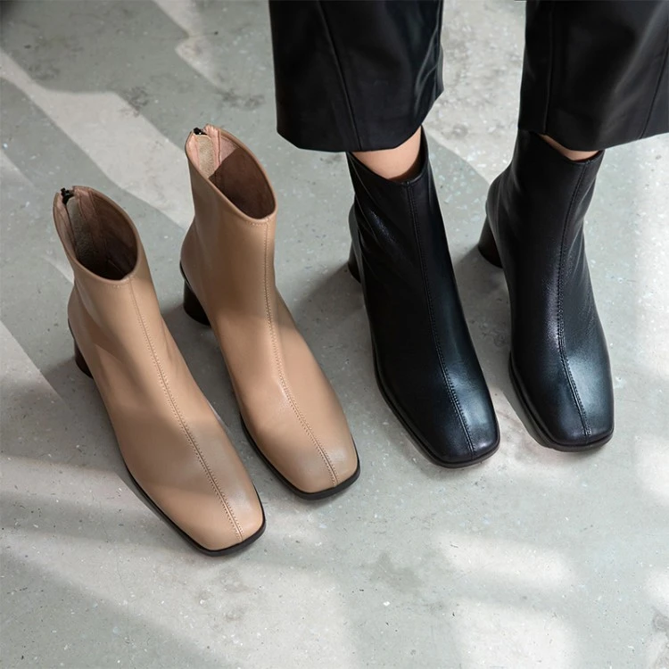 李大龙~羊皮5公分/秋冬复古粗跟弹力靴真皮方头后拉链短靴女