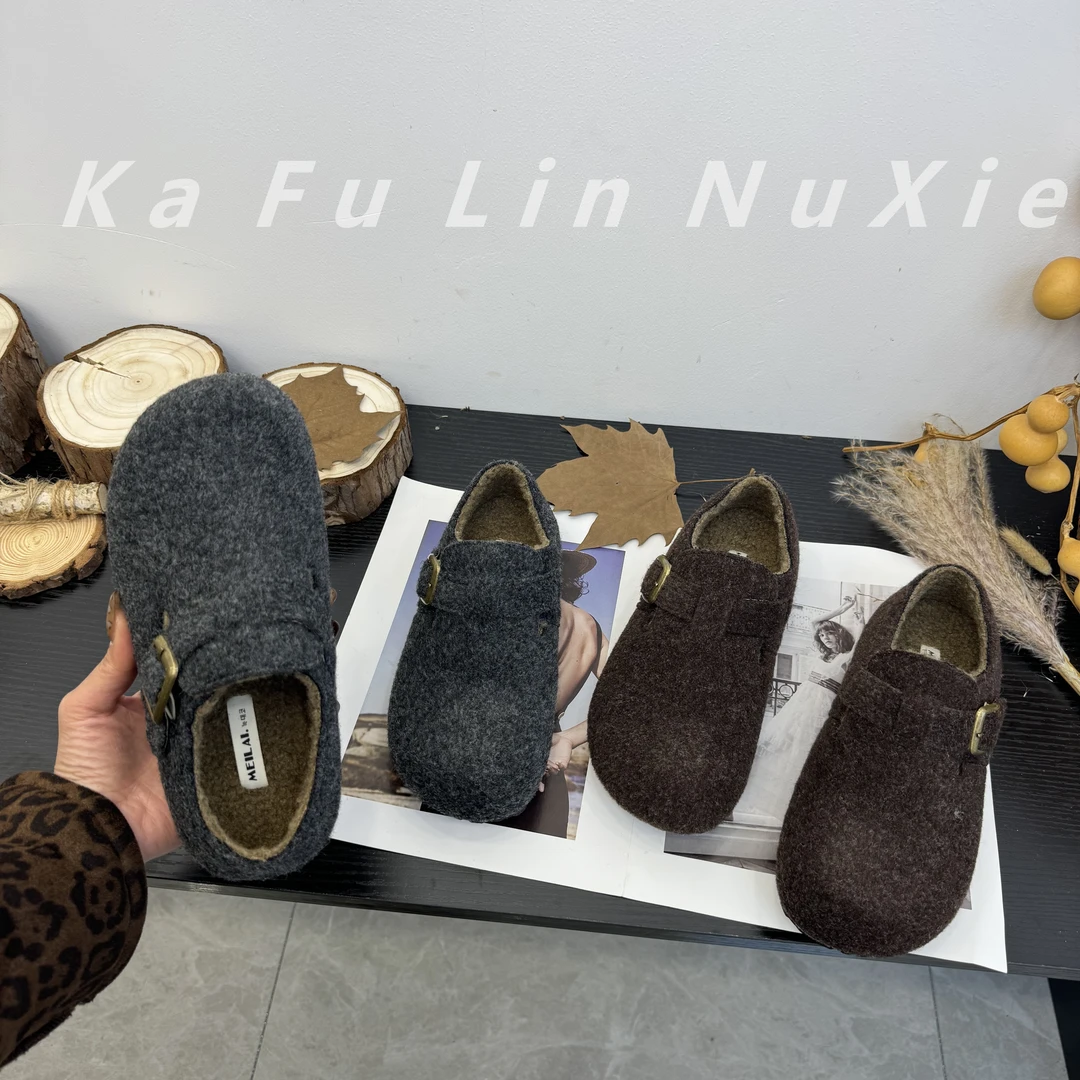 韩系毛呢版｜厚底内增3cm勃肯鞋女毛毛鞋2024秋冬新款加绒保暖棉鞋