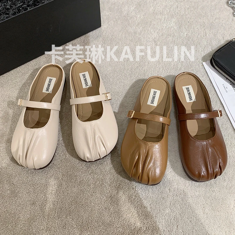卡芙琳SHOES严选  包头拖鞋女外穿褶皱百搭复古舒适软皮平底拖鞋