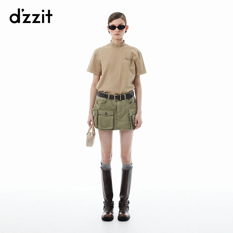 dzzit地素短裤春秋雅丹风辣妹高腰绿色牛仔裙裤女3I3R1211P