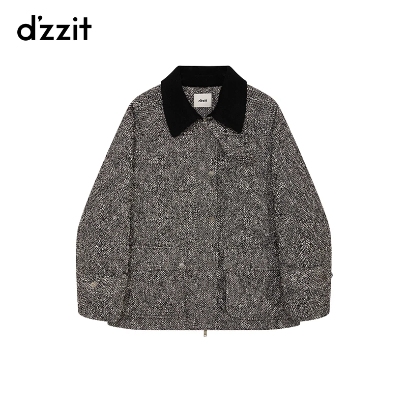 dzzit地素棉服24冬新款小香风拼接翻领宽松廓形外套女3I4H2714A