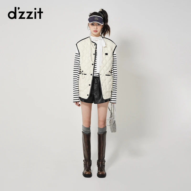 dzzit地素羽绒背心春秋热力感薄款抽绳收腰撞色包边外套3H3K1011U