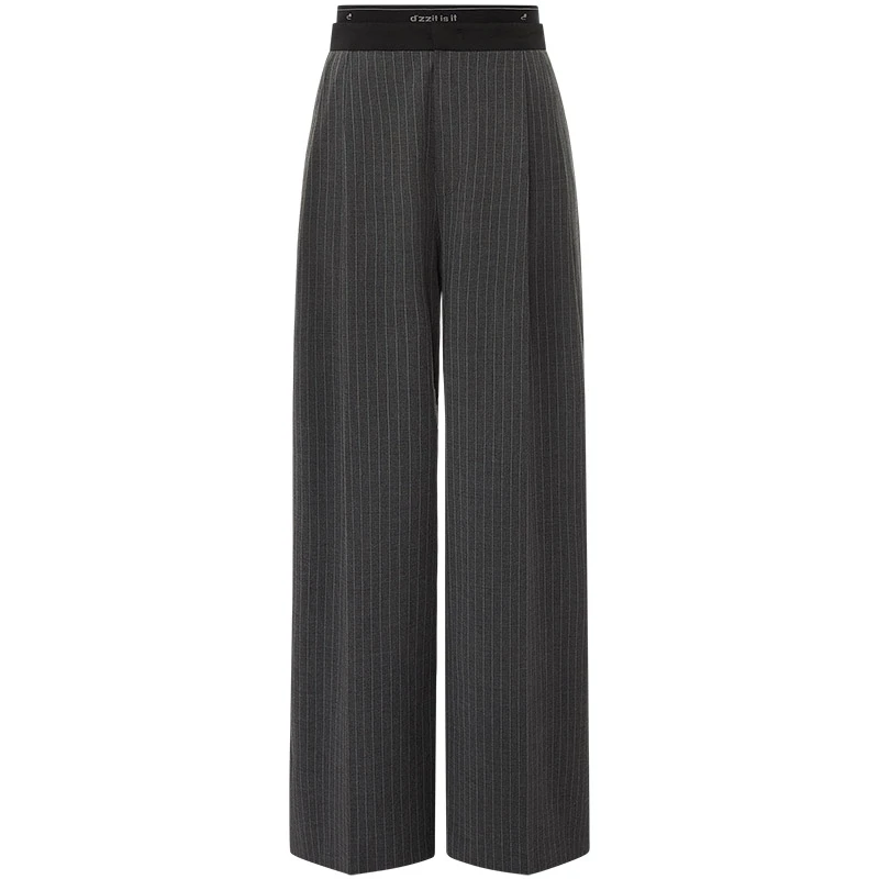 dzzit地素条纹西装长裤春秋拼接双腰头设计宽松阔腿裤女3I1Q4122F