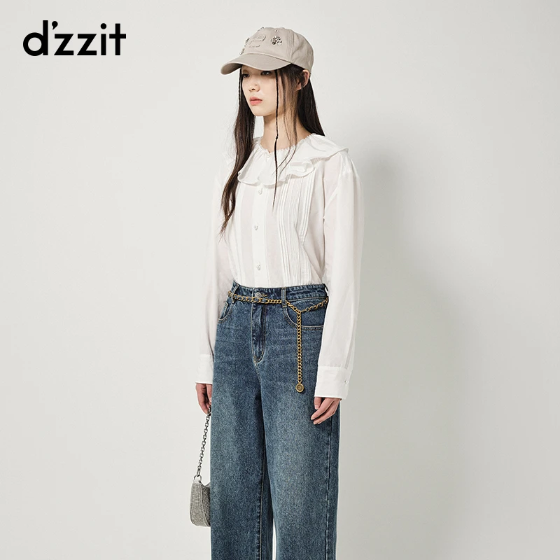 dzzit地素荷叶领衬衫春秋时髦复古宫廷白色长袖上衣女3H3C4611B