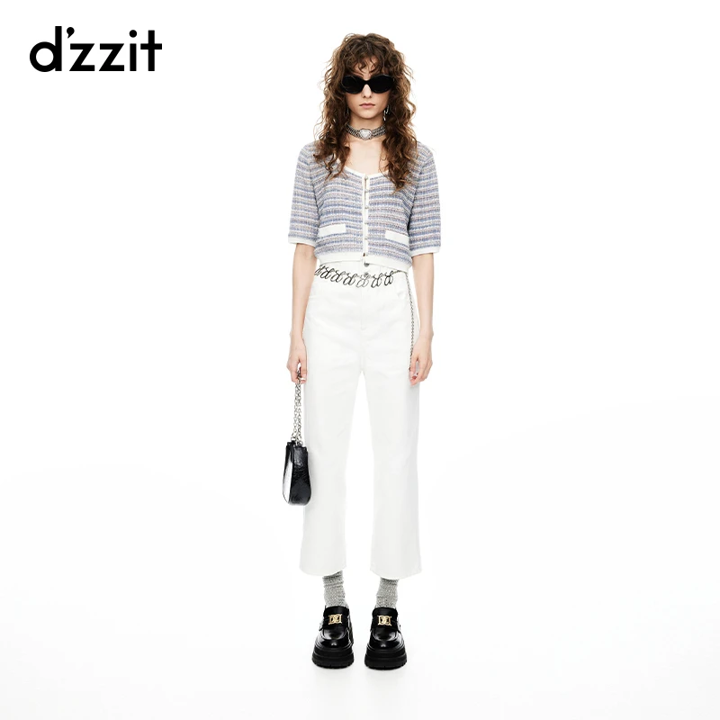 dzzit地素针织衫夏季立体满钻圆扣工艺短袖上衣女3I2E52429